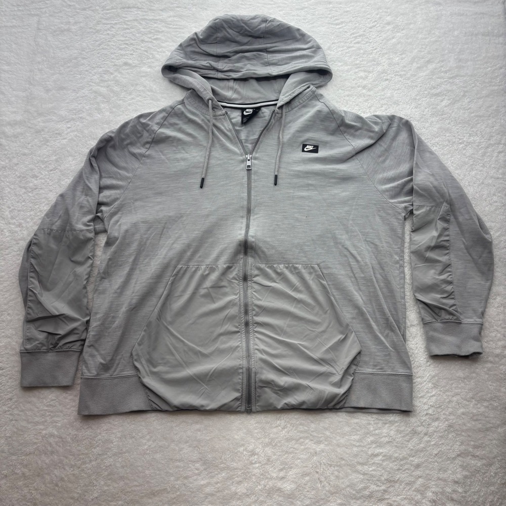 Nike Sportswear Mens XL Gray Full Zip Hoodie Mixed Media Woven Overlay 928437